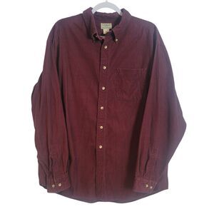 LL Bean Men's Corduroy Button Up Shirt Burgundy Red Cotton Country Size XL Reg